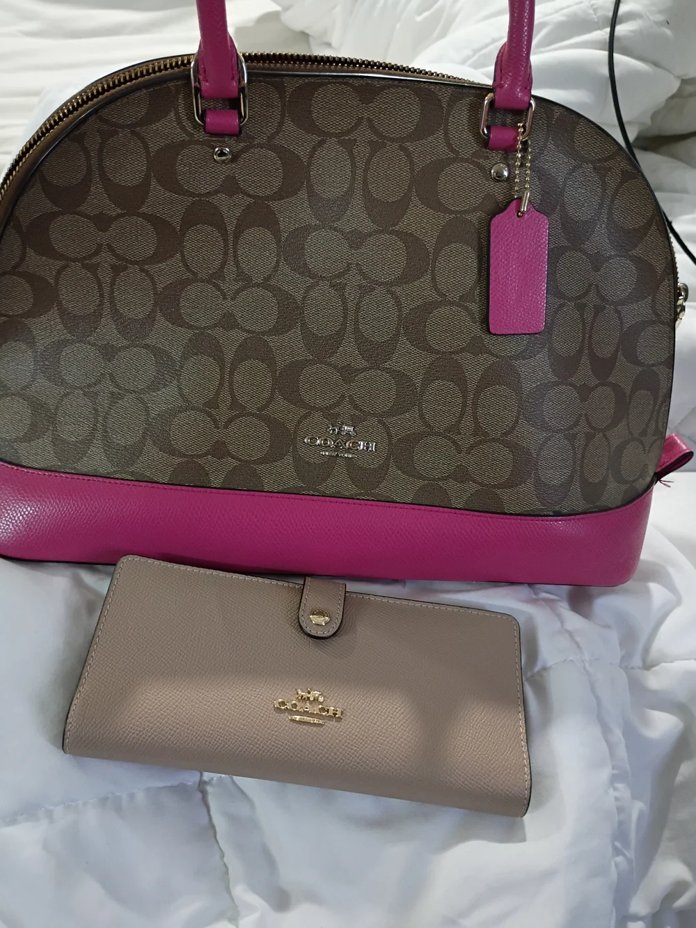 Coach Brown Signature Satchel with Pink Trim